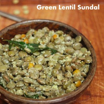 Green Lentil Sundal in a wooden bowl on the table